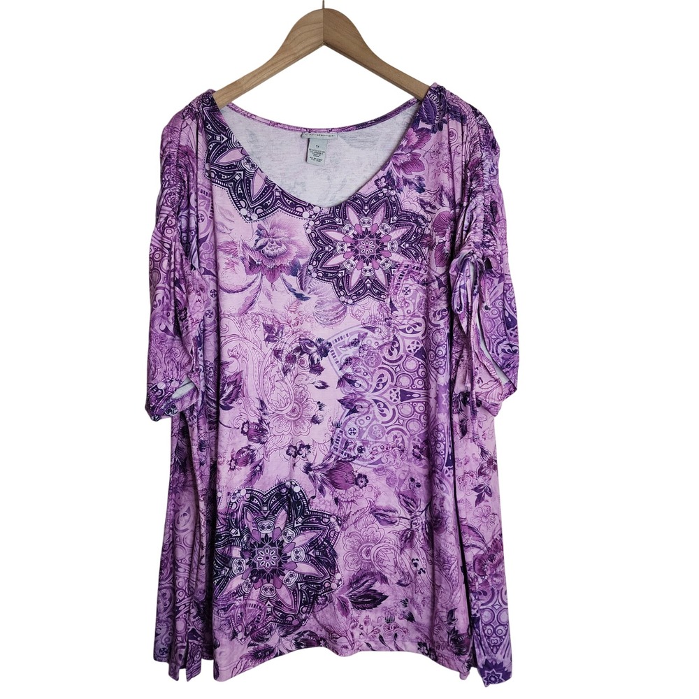Catherines Tunic Top Womens 5X Purple Paisley Mandala Floral Short Sleeve V-Neck